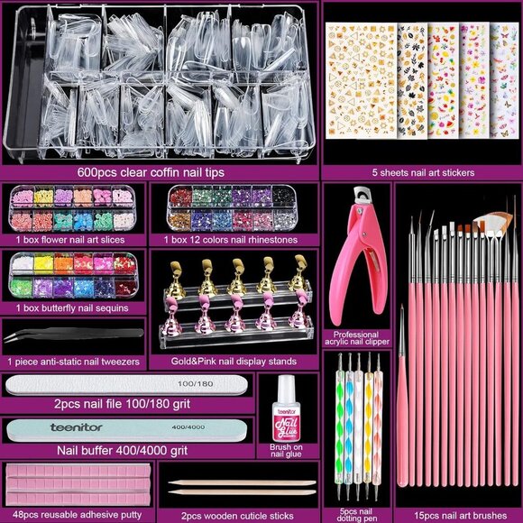 Acrylic Fake Nails Kit, Press On Nail Supplies with Clear Coffin Nail Tips Nail - Picture 6 of 7